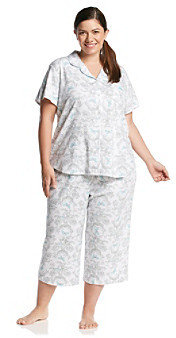 Karen Neuburger KN Plus Size Knit Capri Pajama Set - White/Aqua Toile