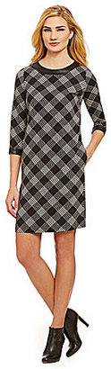Jones New York Collection Faux-Leather-Trimmed Plaid Shift Dress