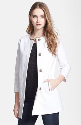 Soia & Kyo Leather Trim Collarless Linen & Cotton Jacket