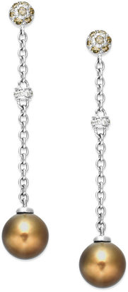 LeVian Diamond (3/8 ct. t.w.) and Brown Cultured Freshwater Pearl (8mm) Earrings in 14k White Gold
