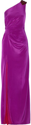 Badgley Mischka One-shoulder embellished silk-blend gown