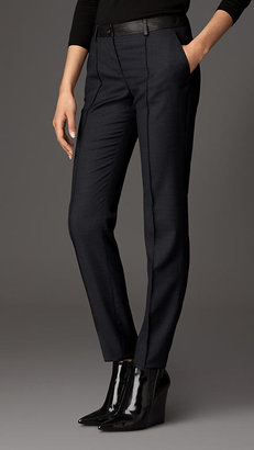 Burberry Skinny Fit Leather Trim Wool Trousers