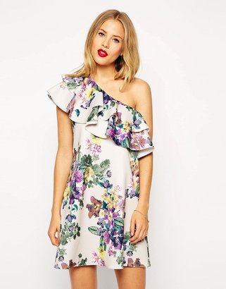 ASOS Scuba Swing Dress In Floral Print With Ruffle One Shoulder