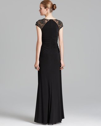 JS Collections Gown - Beaded Illusion Cap Sleeve Draped Jersey