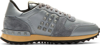 Valentino Grey Leather Rockstud Sneakers