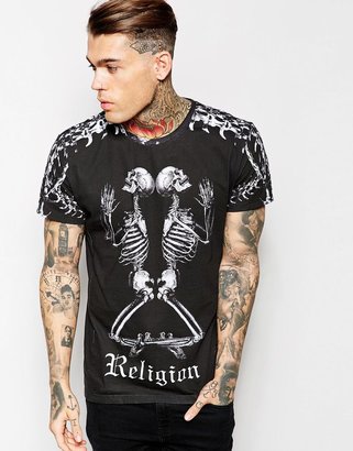 Religion T-Shirt with Double Praying Skeleton Print