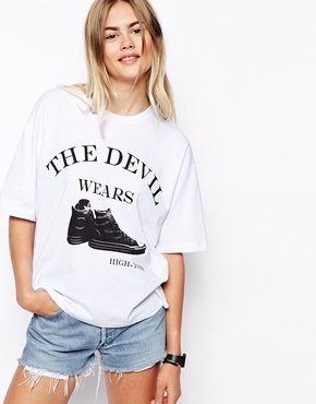 ASOS T-shirt with Devil Wears Hi-Tops Print - White