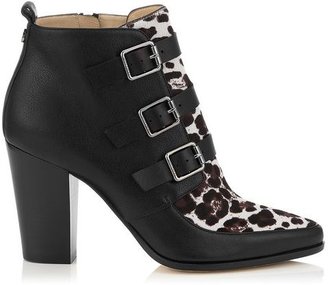 Jimmy Choo Hutch Black and Quartz Textured Leather and Leopard Print Pony Ankle Boots
