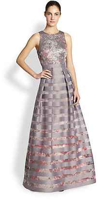 Kay Unger Sequin-Top Striped Gown