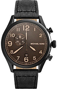 Michael Kors Black IP Hanger Watch with Brown Dial & Black Leather Strap