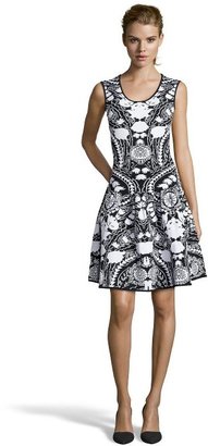 Marchesa Voyage black and white stretch knit floral fit and flare slip-on dress