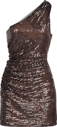 Halston Shyla Ruched Sequin One-Shoulder Mini Dress