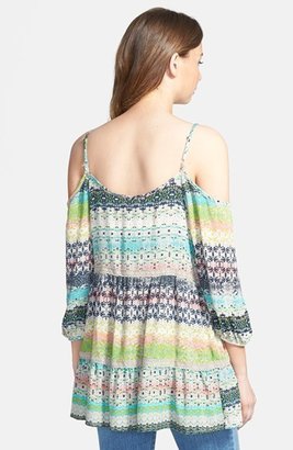 Lily White Print Tiered Cold Shoulder Top (Juniors)