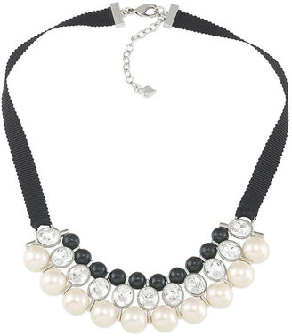 Carolee Silver-Tone Glass Pearl, Crystal and Bead Ribbon Necklace