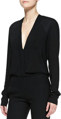 Donna Karan Long-Sleeve V-Neck Blouse, Black