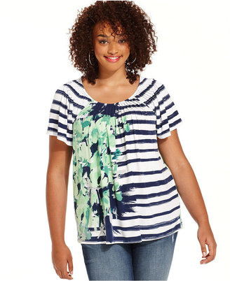 Style&Co. Plus Size Short-Sleeve Striped-Print Pleated Top