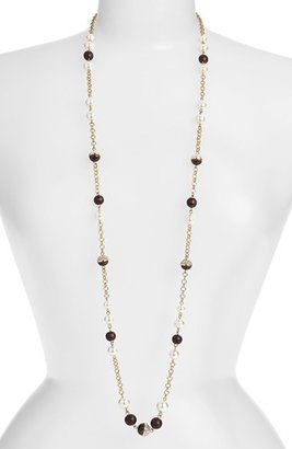 Anne Klein Wood & Glass Pearl Long Station Necklace