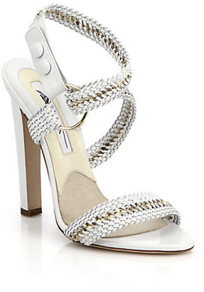 Brian Atwood Olive Chain-Trimmed Braided Leather Sandals