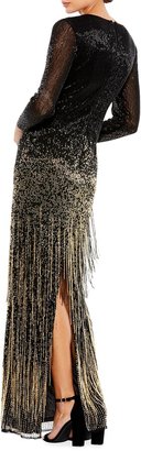 Mac Duggal Ombre Sequin Fringe Long-Sleeve Gown