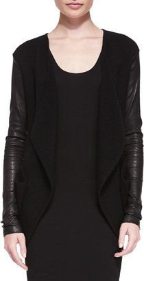 Donna Karan Cashmere Cardigan W/ Leather Sleeves