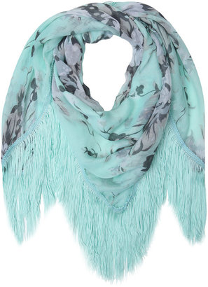 Yours Clothing Mint Scarf With Fringing Detail And Grey Floral Print