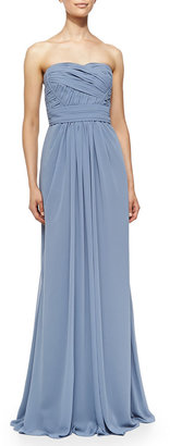 Monique Lhuillier Bridesmaids Strapless Draped Ruched-Bodice Gown, French Blue