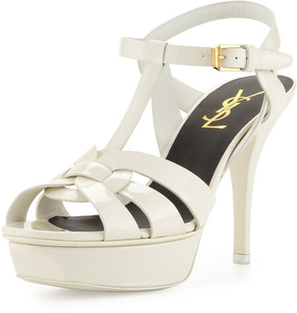Saint Laurent Tribute Mid-Heel Patent Platform Sandal, White