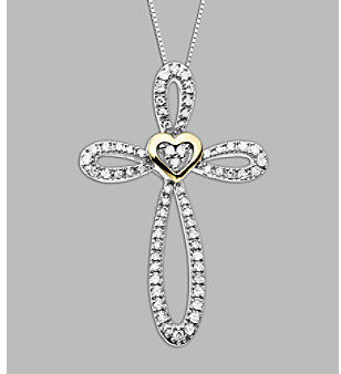 Silver Cross Fine Jewelry .25 ct. t.w. Diamond Accent and Sterling Pendant with 14K Yellow Gold Heart