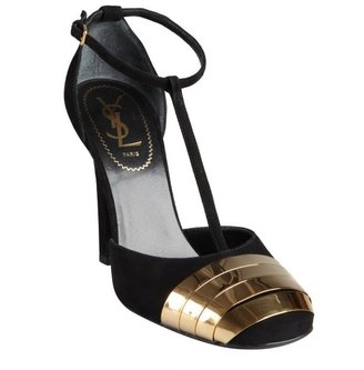 Yves Saint Laurent 2263 Yves Saint Laurent black suede and gold banded toe t-straps