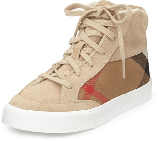 Burberry Canvas/Suede High-Top Sneaker, Stone, Youth