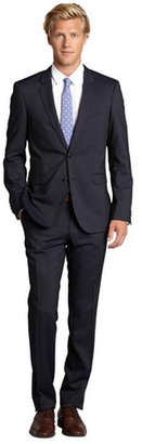 HUGO BOSS dark blue pinstripe wool 2-button suit with flat front pants