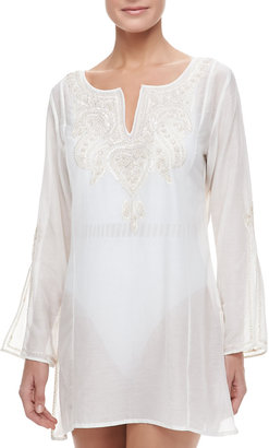 Flora Bella florabella Bahia Embroidered Front Slit-Sleeve Coverup Tunic, White