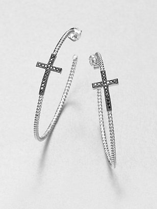 Jude Frances Black Spinel & Sterling Silver Cross Hoop Earrings/2"