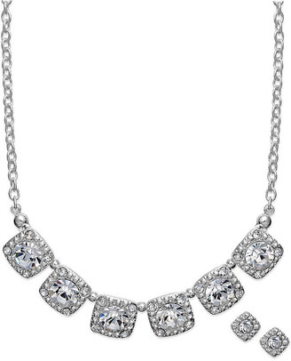 Charter Club Silver-Tone Crystal Square Frontal Necklace and Stud Earrings Set