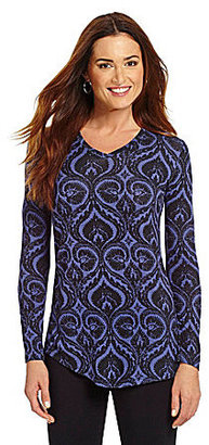Westbound Scroll-Print Ruched-Back Shirttail Top