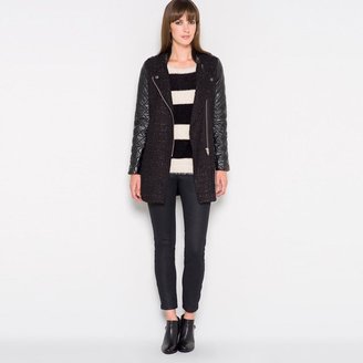 Laura Clement Mid-Length Dual Fabric Quilted Coat with Stand-Up Collar
