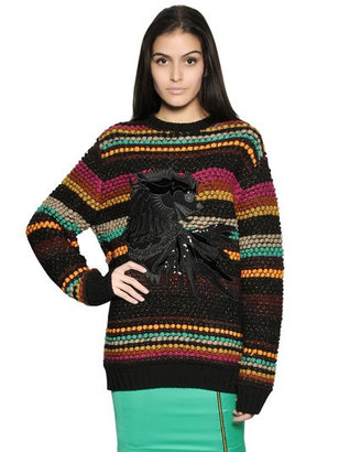 Just Cavalli Dragon Embroidered Wool Blend Sweater