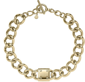Michael Kors Logo-Plaque Curb-Chain Necklace, Golden