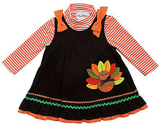 Rare Editions 3-24 Months Thanksgiving Turkey-Appliqued Jumper Dress & Striped Long-Sleeve Bodysuit Set