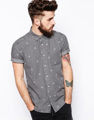 ASOS Denim Shirt In Short Sleeve With Geo Print - Grey