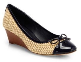 Tory Burch Catherine Raffia & Patent Leather Wedge Pumps
