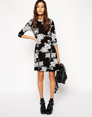 ASOS Swing Dress in Mono Floral with 3/4 Length Sleeves