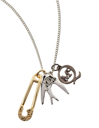 McQ Silvertone Pin, Sparrow & Logo Charm Necklace