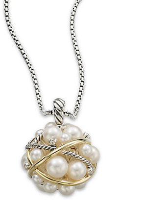 David Yurman Pearl Crossover Small Cluster Pendant with Diamonds and Gold on Chain