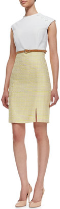 Kay Unger New York Knit & Tweed Combo Jewel-Neck Dress, White/Yellow
