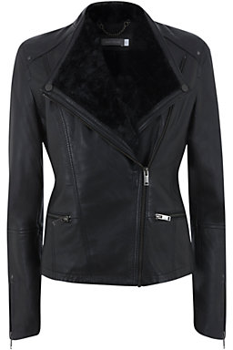 Mint Velvet Faux Fur Collar Leather Biker Jacket, Black