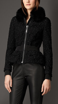 Burberry Floral Lace Jacket With Fur Collar