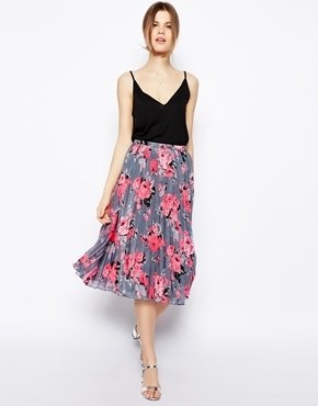ASOS Pleated Midi Skirt In Bright Floral Print - Multi