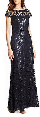 Tadashi Shoji Off-The-Shoulder Sequined Lace Gown