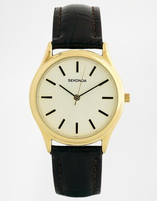 Sekonda Black Leather Strap Watch With Gold Detail 3956